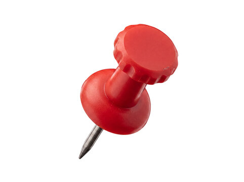 Top-down angled view of a sturdy red plastic thumbtack with a textured head and sharp metal point on a transparent.
