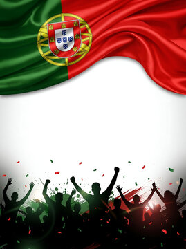 Waving flag of Portugal over silhouettes of a cheering crowd with raised hands and falling confetti. Vertical layout with central white copy space for national sports celebration.