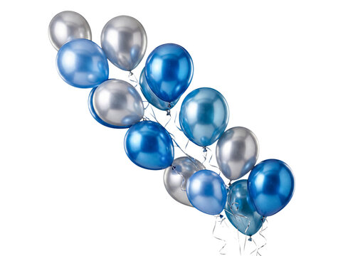 Festive arrangement of glossy blue and silver metallic balloons, with ribbons.