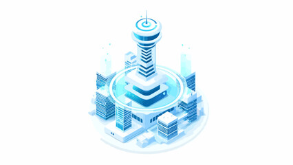 A futuristic communication tower stands in the center of a digital city landscape © Perkasa