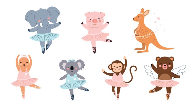 Group of cute animals including an elephant, pig, and kangaroo dressed in tutus and ballet shoes performing various dance positions.