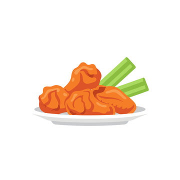 Buffalo chicken wings with celery on a plate.