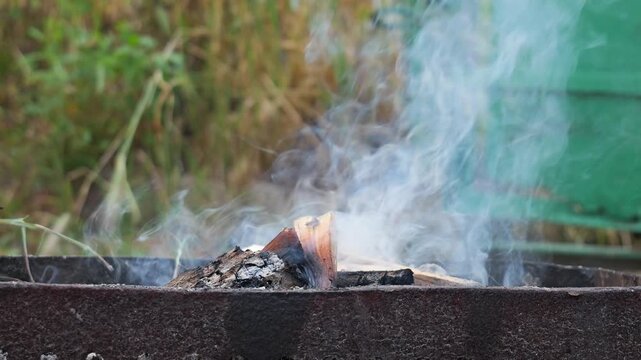 Smoking firewood starting a bonfire in a brazier