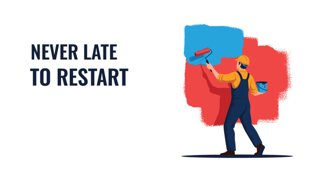 Skilled painter in a yellow hard hat and blue overalls applying vibrant red and blue paint to a white wall using a roller and brush.