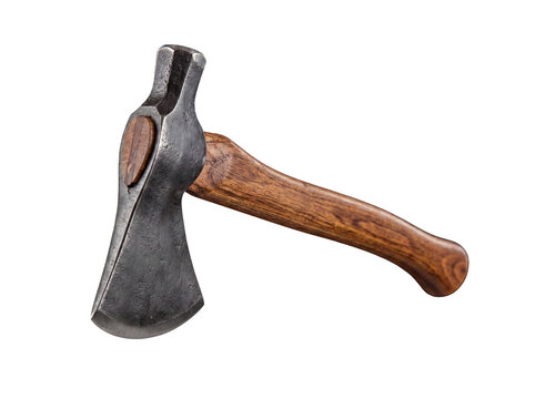 Dark rustic woodman's axe with textured wooden handle, angled, isolated on transparent background.