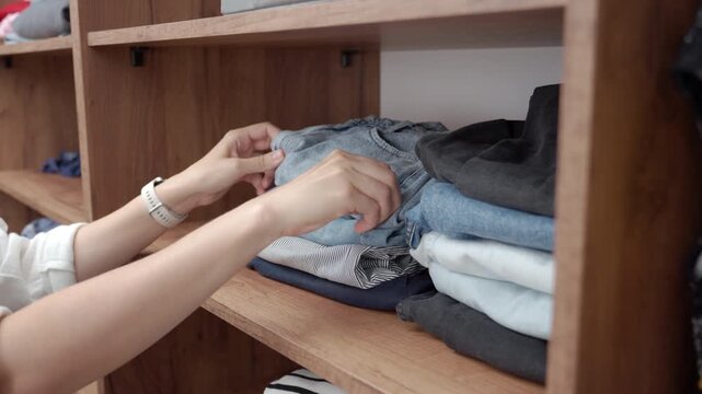 Woman organizes folded clothes on a wooden wardrobe shelf placing jeans and shirts in neat stacks. Concept of closet storage and decluttering.