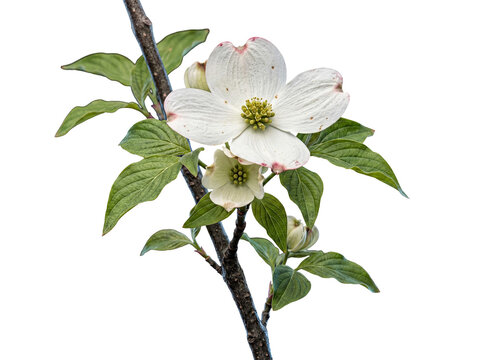 Single exquisite white dogwood blossom with a delicate bud and vibrant green leaves, showcasing spring's elegance.