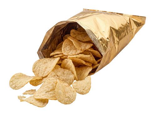 Delicious crunchy tortilla chips spilling from an opened golden bag on a transparent background.