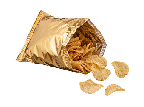 Golden metallic bag of crunchy potato chips with some chips spilling out.