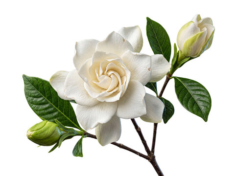 Single elegant white gardenia flower on a branch with a bud and green leaves, isolated on a transparent background.