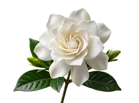 Bright white gardenia flower with lush green leaves and emerging buds, isolated on transparent background.