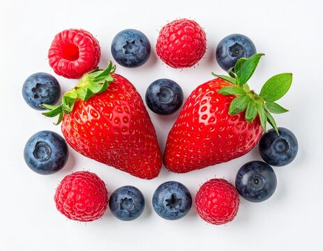 Fresh strawberries blueberries and raspberries trio isolated on white background for healthy smoothie bowl and summer dessert concepts.