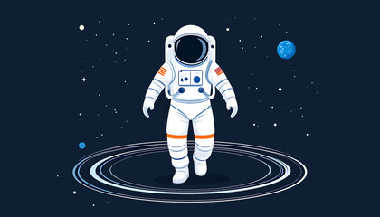 Astronaut walking in space with planets and stars. © Ridwan