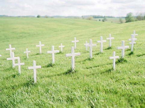 White crosses in a grassy field under a cloudy sky.