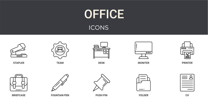 Set of 10 outline Office icons for reports, landing pages and application screens. Editable stroke icon pack including stapler, team management, printer, briefcase and CV.