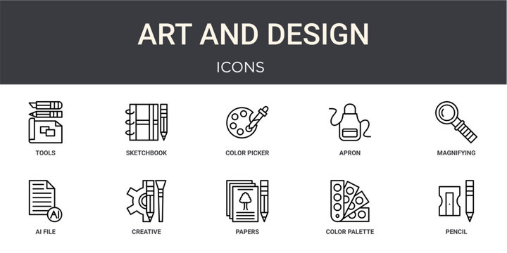 Set of 10 outline Art and Design icons for reports, landing pages and application screens. Editable stroke icon pack including tools, sketchbook, magnifying glass, ai file and pencil sharpener.