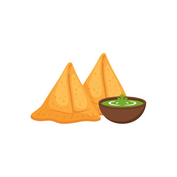 Golden fried samosas with green mint chutney dipping sauce.