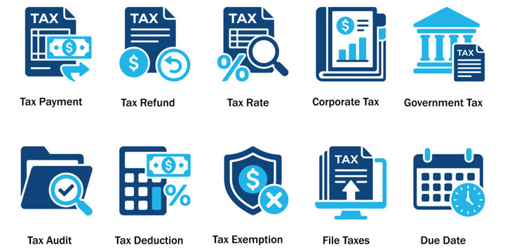 Taxation and Revenue Accounting Solid Icon Set. Vector Illustration of Black Glyph Online File Taxes Badges, Tax Refund, Auditor Folder, Due Date Calendar, and Corporate Finance Elements.
