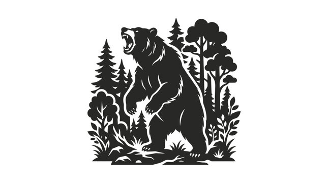 Fierce Bear Roaring in Forest - Silhouette Style Illustration