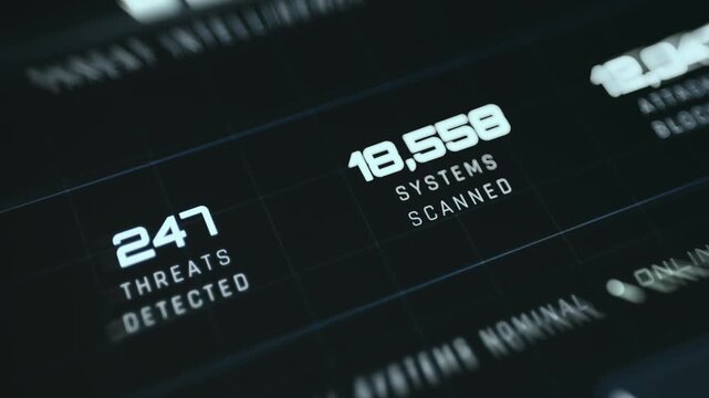 Cybersecurity threat dashboard displaying Threats Detected and Systems Scanned metrics, ethical hacking concept