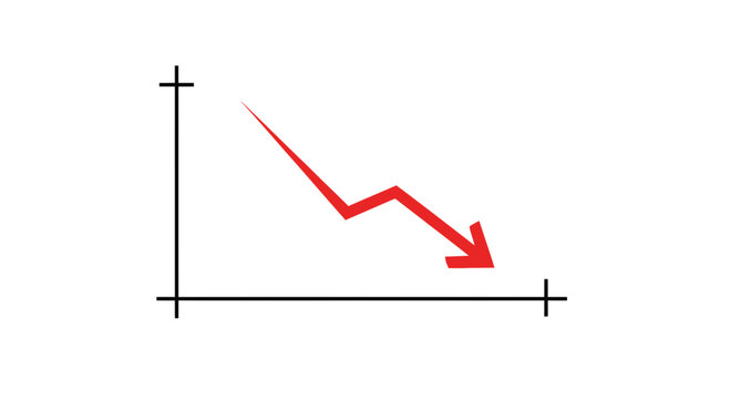 Red arrow graph showing downward trend, business decline, economic recession, stock market crash