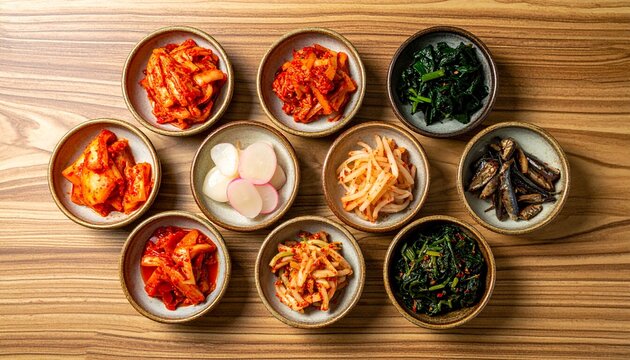 Traditional korean banchan assortment in ceramic bowls