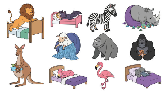 Adorable animals sleeping in cozy beds illustration.