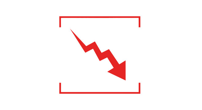 Red downward arrow graph icon with lightning bolt shape, symbolizing decline and crisis