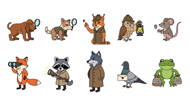 Animal detective characters with magnifying glasses and hats