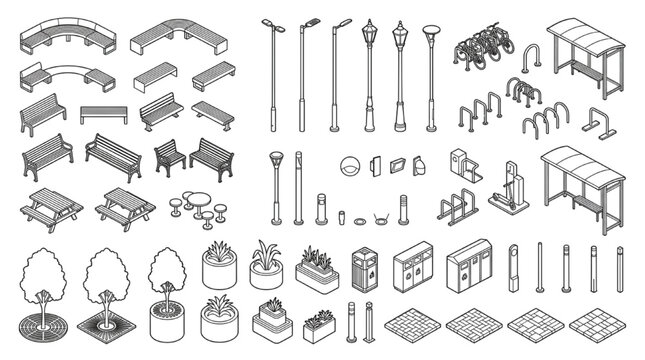 Blueprint cross-section design showing an architectural master pack of isometric urban street furniture and landscape elements