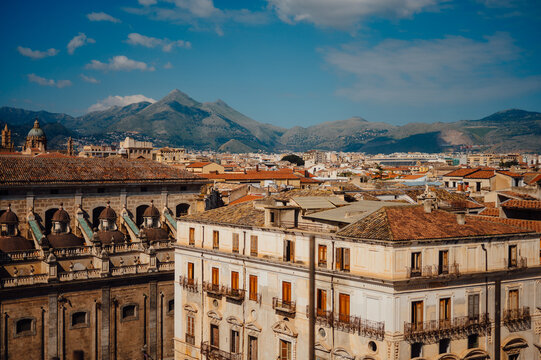 Aerial view over historic Palermo city and mountains
