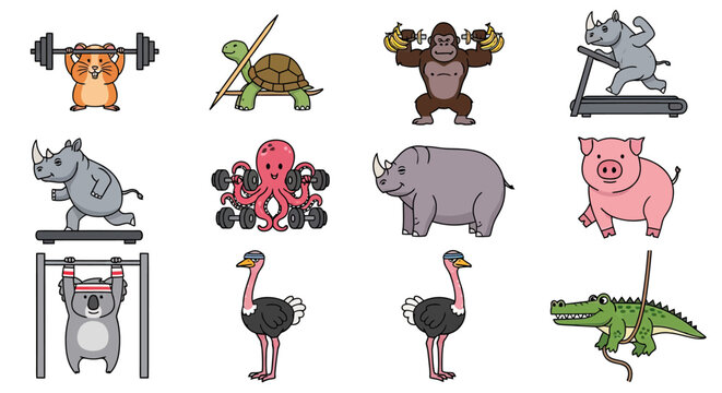 Cartoon animals exercising with weights and gym equipment.