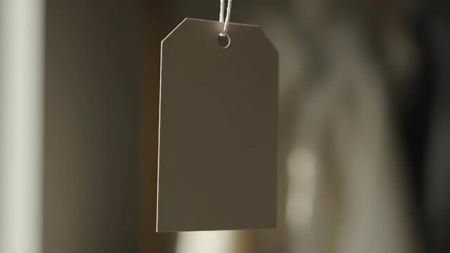 Blank white rectangular price tag hanging on string for retail and product display.