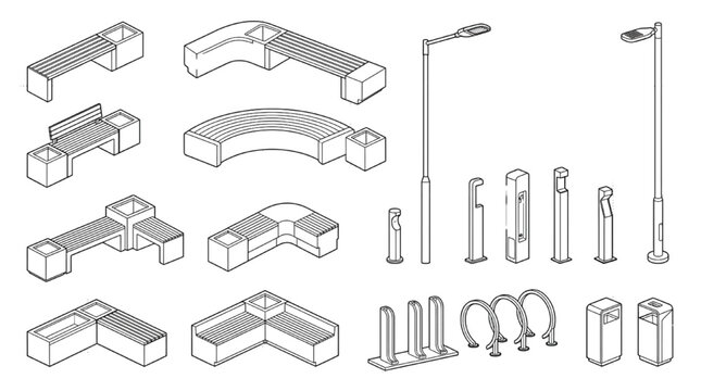 Minimalist outline vector of isometric modular park benches with integrated planter boxes and modern bollards