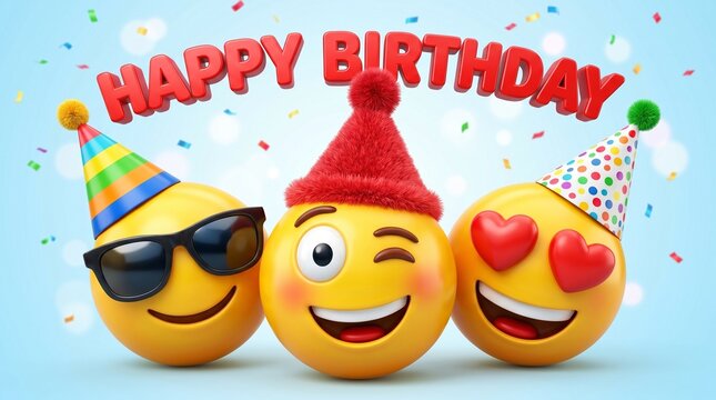 Happy birthday emojis celebrating with party hats and confetti