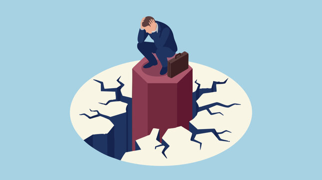 Distressed businessman in crisis on crumbling ground, conceptual illustration