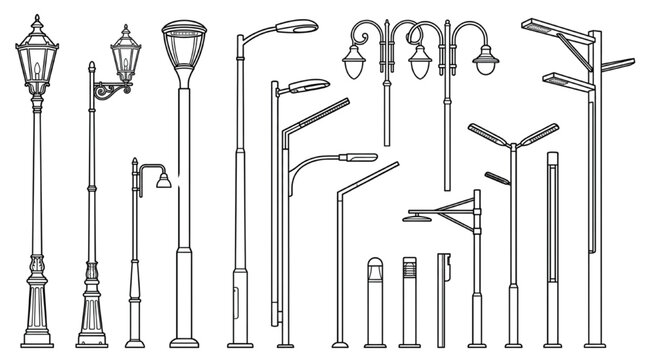 Technical vector drafting of a street light fixture set with modern solar lampposts and vintage lanterns