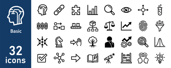 Naklejka premium Logical Thinking and Business Process Line Icons Set - 32 Analytical and Strategic Symbols
