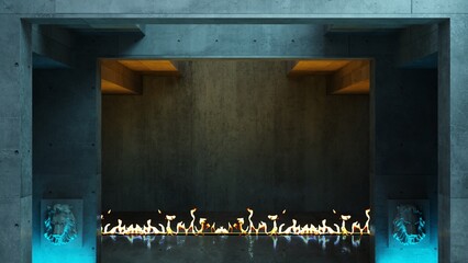 Fototapeta premium Futuristic hall concrete and fire