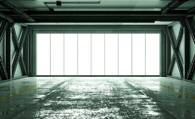 Fototapeta premium Dark, wet floor interior of a massive industrial hangar