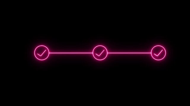 Blue neon light 3 step info-graphic process with check mark icon animation. Neon bright step-by-step process and check marks. icon animation on black ...