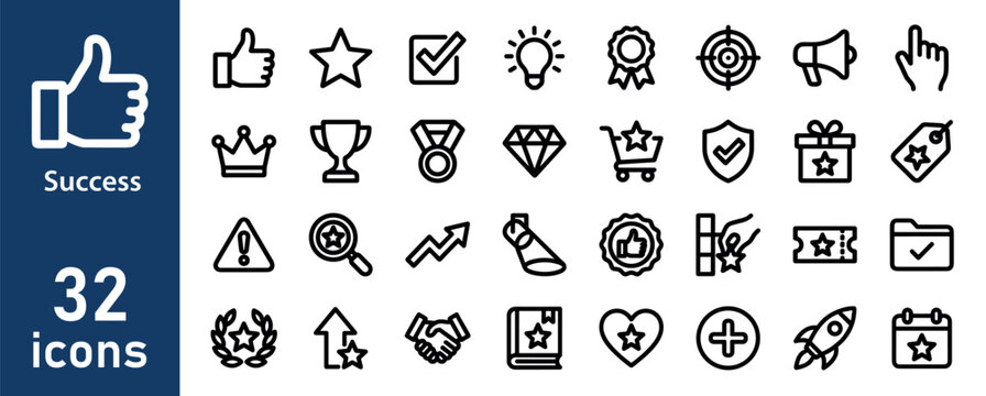 Success and achievement outline icon set for business and life goals. Simple linear vector symbols for web and mobile.