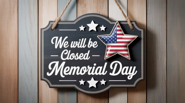 Memorial day sign on wooden wall with american flag star decoration