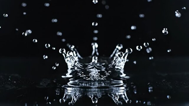 High speed photography of a single water drop creating a perfect crown splash on black background.