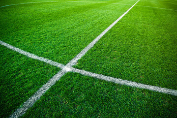 Naklejka premium High angle view of a white line on a green grass sports field