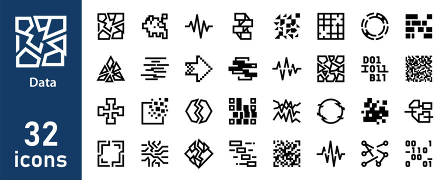 Data and Digital Fragmentation Line Icons Set. Collection of Outline Icons for Information, Pixels, and Abstract Patterns.