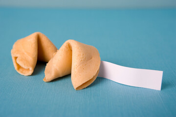 Naklejka premium Two golden fortune cookies on a blue textured background with a blank
