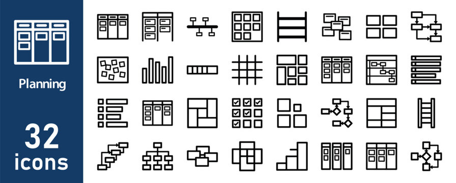 Planning icons set with boards, charts, diagrams and organization tools