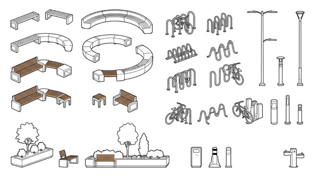 3D axonometric outline of landscape architecture elements including park benches and planter boxes