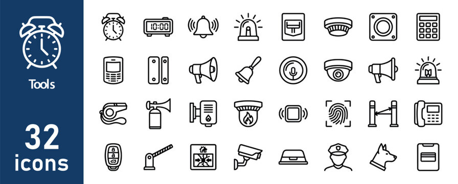 Tools & Security Icons: Alarm Clock, Bell, Siren, Camera, Fingerprint Scanner & More